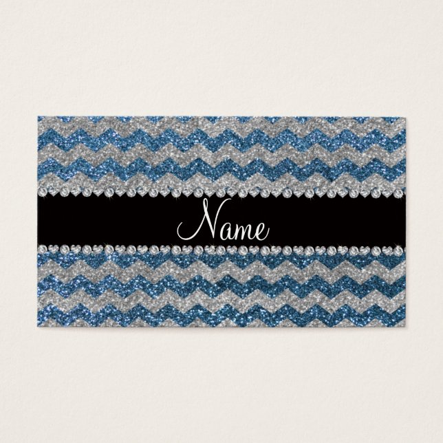 Aangepaste naam mistblauw zilverglitter chevrons visitekaartjes (Voorkant)
