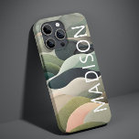 Aangepaste naam modern Abstract avy Pattern Case-Mate iPhone 14 Hoesje<br><div class="desc">De moderne Abstracte Gevallen van de Naam van het Patroon van de Wavy iPhone 14 Slimme van de Telefoon kenmerkt een abstract golvend patroon in grijs,  groen en roze met uw gepersonaliseerde naam in witte moderne manuscripttypografie. Ideaal voor persoonlijke kerstcadeautjes en winterse feestdagen. Ontworpen door © Evco Studio www.zazzle.com/store/evcostudio</div>