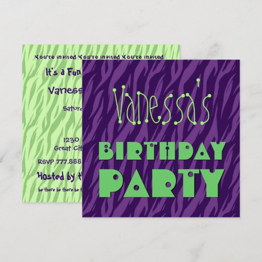 Aangepaste naam Modern Birthday Paars Green Zebra Kaart (Voorkant / Achterkant)