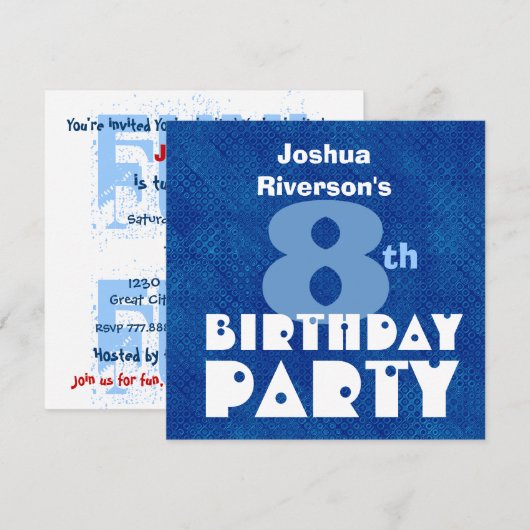 Aangepaste naam Modern Kinder 8th Birthday Blue W6 Kaart (Voorkant / Achterkant)