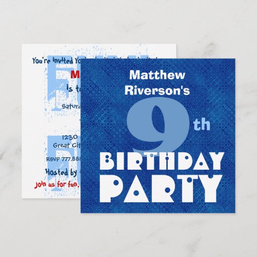 Aangepaste naam Modern Kinder 9th Birthday Blue W6 Kaart (Voorkant / Achterkant)