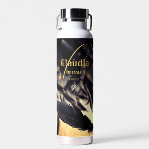 Aangepaste naam Modern Wedding Black Golden Feathe Waterfles