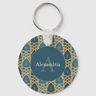 Aangepaste naam & monogram Art Deco Teal & Goud Sleutelhanger