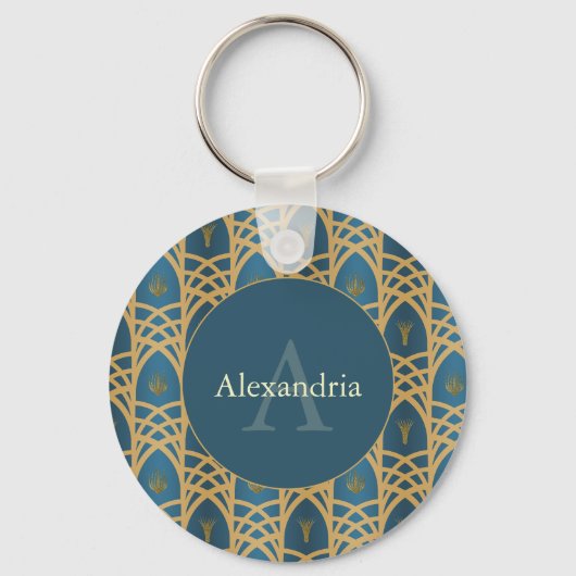 Aangepaste naam & monogram Art Deco Teal & Goud Sleutelhanger (Voorkant)