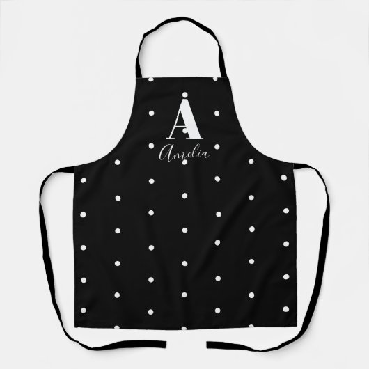Aangepaste naam Monogram Black en White Polka Dots Schort (Voorkant)