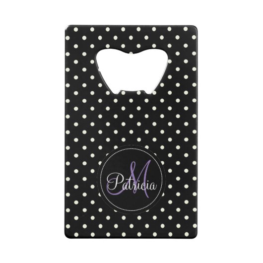Aangepaste naam Monogram. Black White Polka Dots Creditkaart Flessenopener (Voorkant)