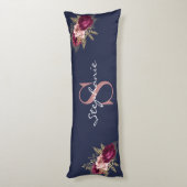 Aangepaste naam Monogram Blue Burgundy Pink Floral Lichaamskussen (Achterkant (Verticaal))