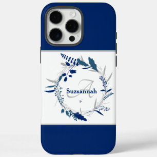 Aangepaste naam Monogram Blue Floral Wreate iPhone 16 Pro Max Hoesje