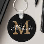 Aangepaste naam Monogram  Classy Script Black Sleutelhanger<br><div class="desc">Creëer uw eigen gepersonaliseerde zwarte ronde sleutelhanger met uw  naam van het douanemanuscript van de kalligrafie en monogram.</div>