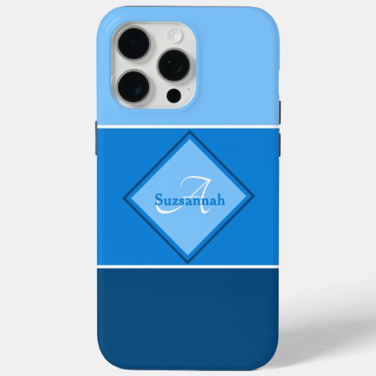 Aangepaste naam Monogram Drie Blauwe Ombre Stripes Case-Mate iPhone Case (Achterkant)