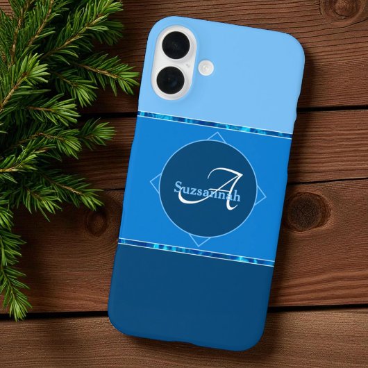 Aangepaste naam Monogram Drie Blauwe Ombre Stripes Case-Mate iPhone Case