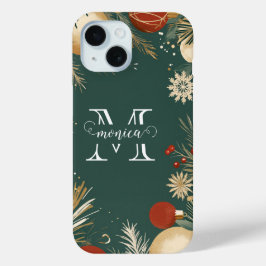 Aangepaste Naam Monogram Feestelijke Kerst Ornamen iPhone 15 Case