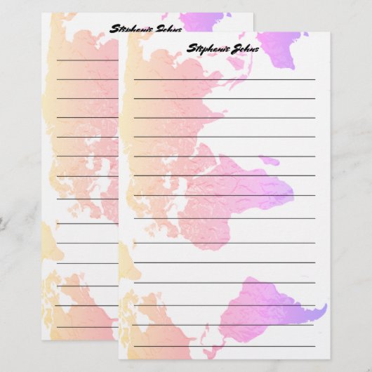 Aangepaste naam Monogram Gevoerde Wereldkaart Roze Briefpapier (Voorkant / Achterkant)