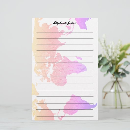 Aangepaste naam Monogram Gevoerde Wereldkaart Roze Briefpapier (Staand voorkant)