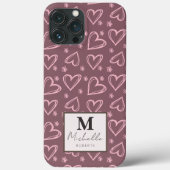 Aangepaste naam Monogram Initiaal Doodle Hearts Case-Mate iPhone Case (Achterkant)