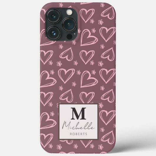 Aangepaste naam Monogram Initiaal Doodle Hearts Case-Mate iPhone Case (Achterkant)