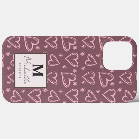 Aangepaste naam Monogram Initiaal Doodle Hearts Case-Mate iPhone Case (Achterkant (horizontaal))
