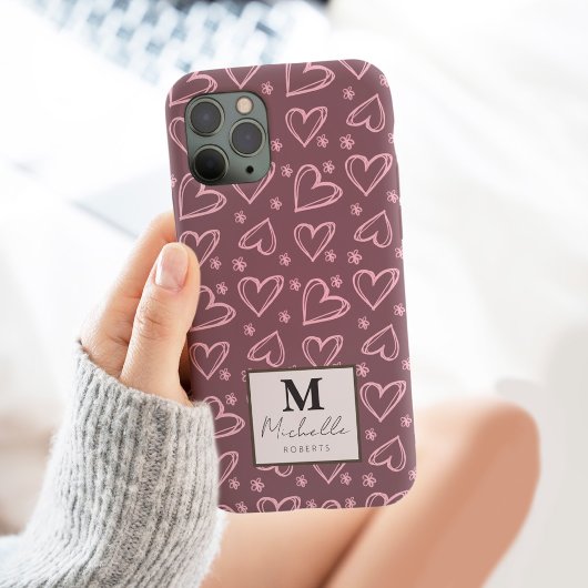 Aangepaste naam Monogram Initiaal Doodle Hearts Case-Mate iPhone Case