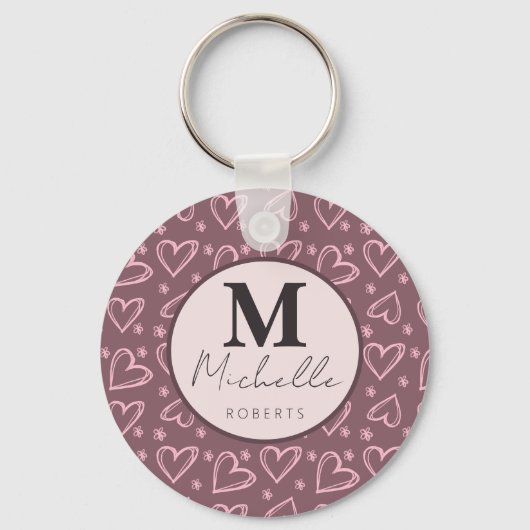Aangepaste naam Monogram Initiaal Doodle Hearts Sleutelhanger (Voorkant)