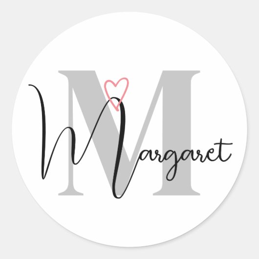 Aangepaste naam monogram kalligrafie roze hart ronde sticker (Voorkant)