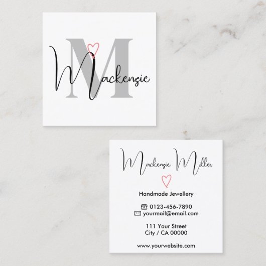 Aangepaste naam monogram kalligrafie roze hart vierkante visitekaartje (Voorkant / Achterkant)