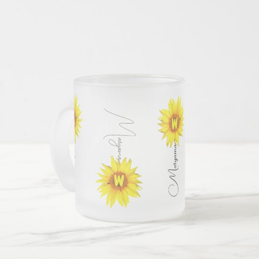 Aangepaste Naam & Monogram met Elegante Zonnebloem Matglas Koffiemok (Voorkant links)