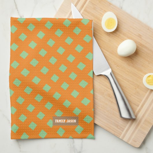 Aangepaste naam monogram modern patroon groen oran theedoek (Quarter Fold)