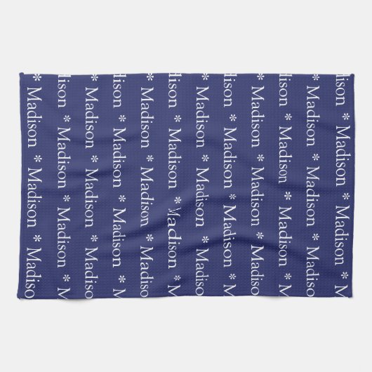 Aangepaste naam monogram navy blauw wit patroon theedoek (Horizontaal)
