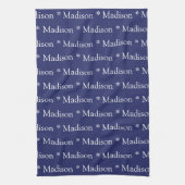 Aangepaste naam monogram navy blauw wit patroon theedoek (Verticaal)
