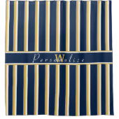 Aangepaste naam Monogram Navy Blue Gold White Stri Douchegordijn (Voorkant)