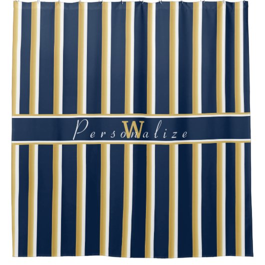 Aangepaste naam Monogram Navy Blue Gold White Stri Douchegordijn (Voorkant)
