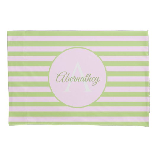 Aangepaste naam Monogram Pastel Roze Groen Striped Kussensloop (Voorkant-Links)