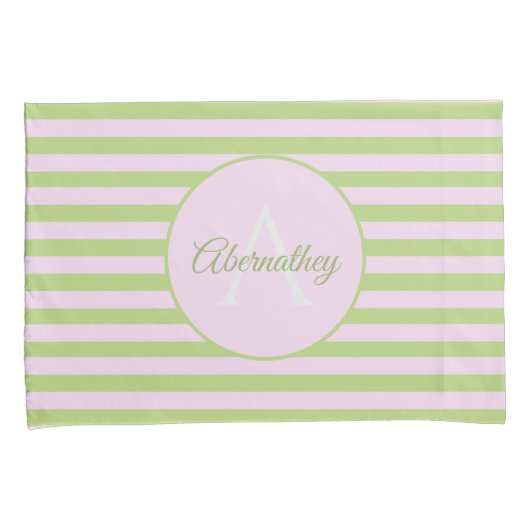 Aangepaste naam Monogram Pastel Roze Groen Striped Kussensloop (Voorkant-Rechts)