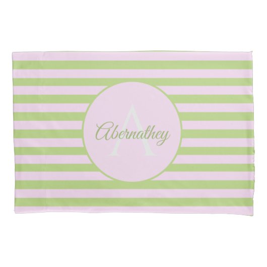 Aangepaste naam Monogram Pastel Roze Groen Striped Kussensloop (Voorkant-Links)