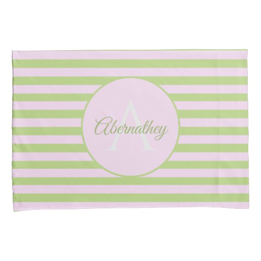 Aangepaste naam Monogram Pastel Roze Groen Striped Kussensloop (Voorkant-Rechts)