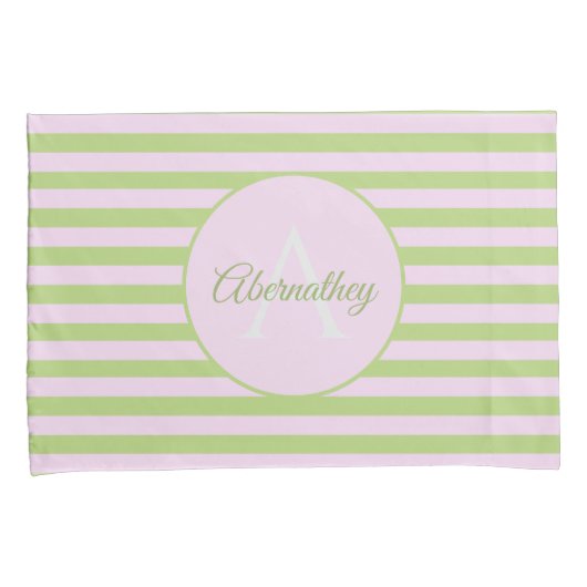 Aangepaste naam Monogram Pastel Roze Groen Striped Kussensloop (Voorkant-Rechts)
