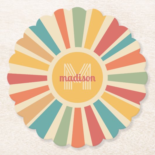 Aangepaste naam & Monogram Retro Stripes Kartonnen Onderzetters (Voorkant)
