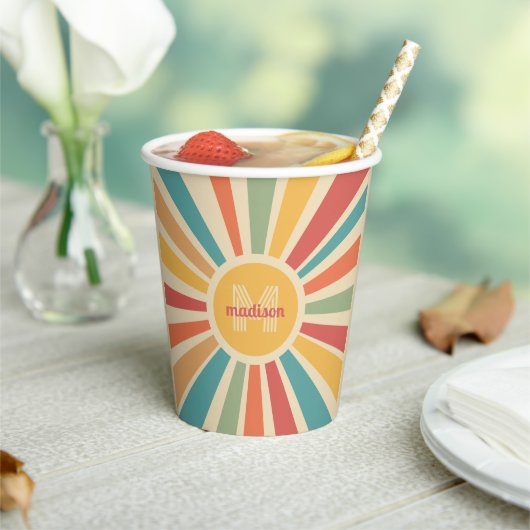 Aangepaste naam & Monogram Retro Stripes Papieren Bekers (Insitu)