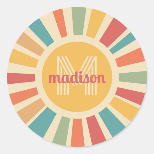 Aangepaste naam & Monogram Retro Stripes Ronde Sticker (Voorkant)