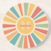 Aangepaste naam & Monogram Retro Stripes Zandsteen Onderzetter (Voorkant)