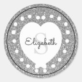 Aangepaste naam Monogram Silver Glitter White Hear Ronde Sticker (Voorkant)