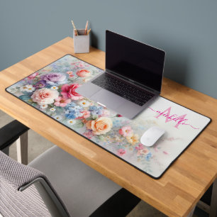 Aangepaste naam monogram stijlvolle waterverf bloe bureaumat