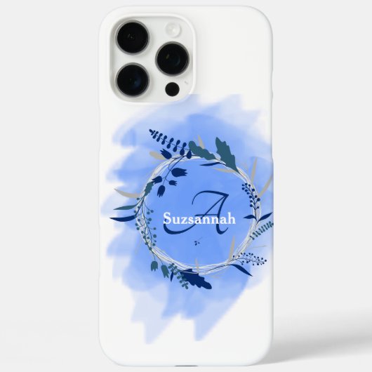 Aangepaste naam monogram waterverf blauwe krans Case-Mate iPhone case (Achterkant)