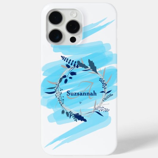 Aangepaste naam monogram waterverf blauwe krans Case-Mate iPhone case (Achterkant)