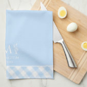 Aangepaste Naam Monogrammed Blauw & Wit Gingham Theedoek (Quarter Fold)