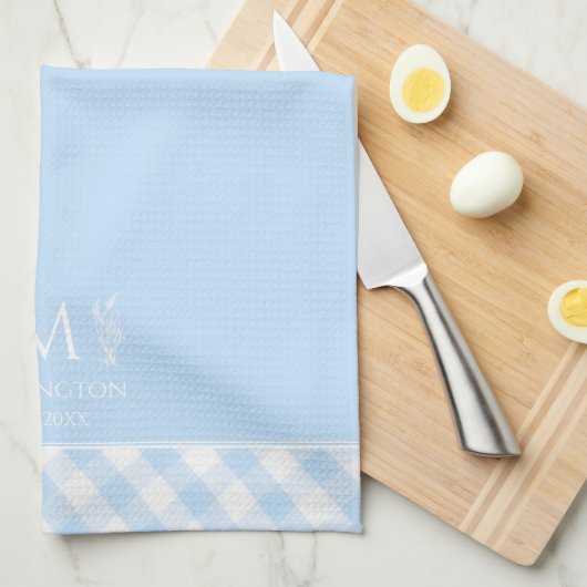 Aangepaste Naam Monogrammed Blauw & Wit Gingham Theedoek (Quarter Fold)
