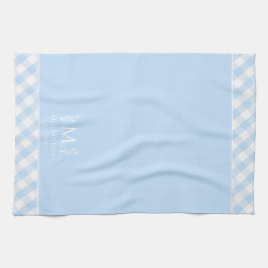 Aangepaste Naam Monogrammed Blauw & Wit Gingham Theedoek (Horizontaal)