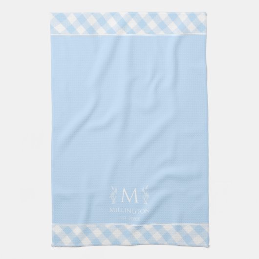 Aangepaste Naam Monogrammed Blauw & Wit Gingham Theedoek (Verticaal)