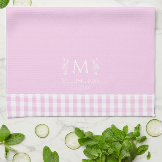 Aangepaste Naam Monogrammed Pink & White Gingham Theedoek (Gevouwen)
