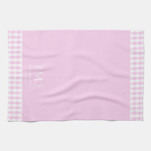 Aangepaste Naam Monogrammed Pink & White Gingham Theedoek (Horizontaal)